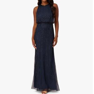 Adrianna Papell Women's Beaded Blouson Long Dress (Navy Black, 16)